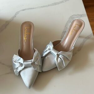 NWT LULUS Lyle Light Blue Satin Pointed-Toe Mules